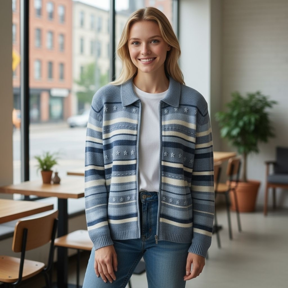 Alfred Dunner Striped Blue and White Cardigan Zip Up Vintage Size Medium 90's